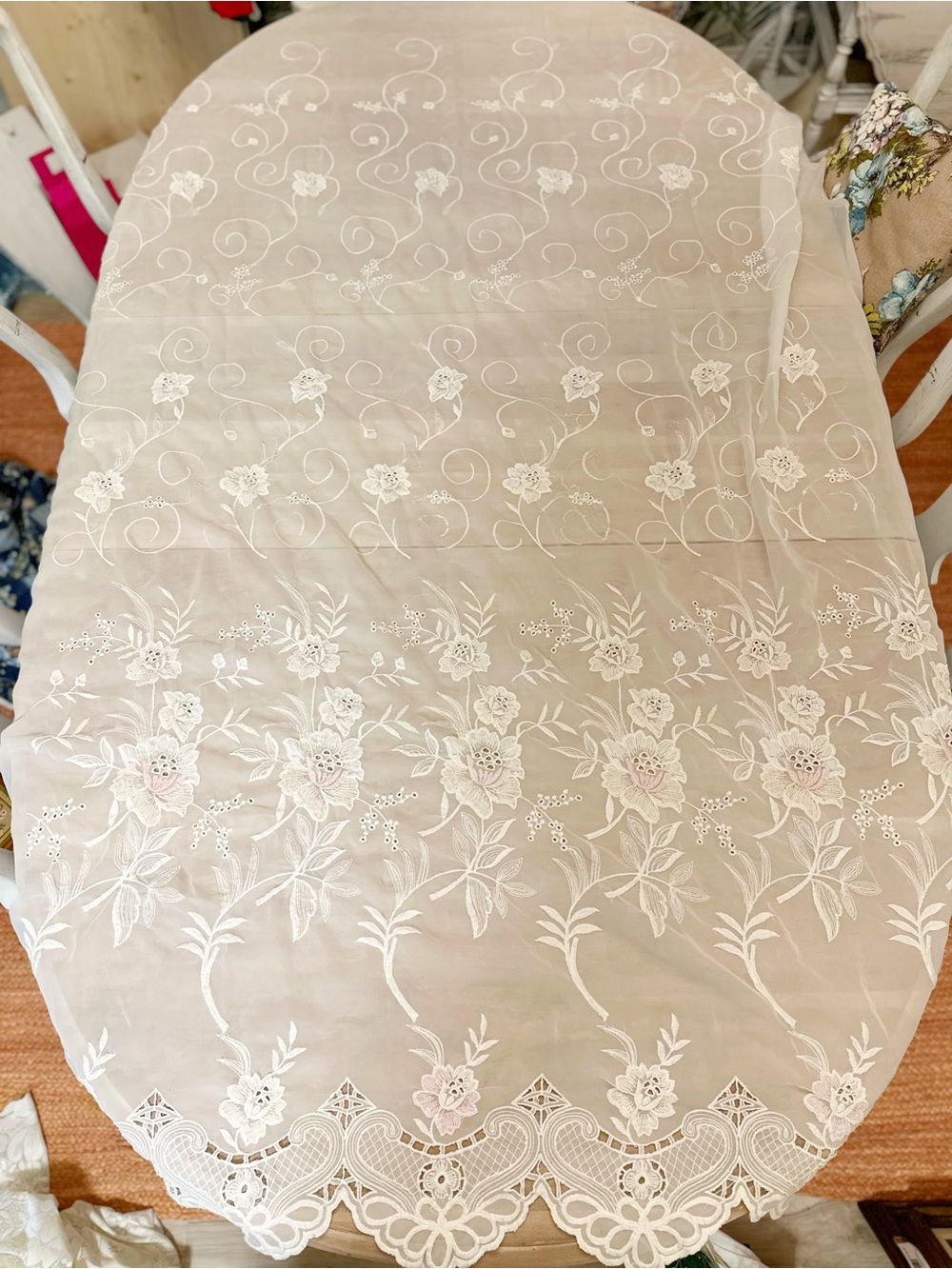 Delicate White With Pink Flowers Embroidered Curtain Panel